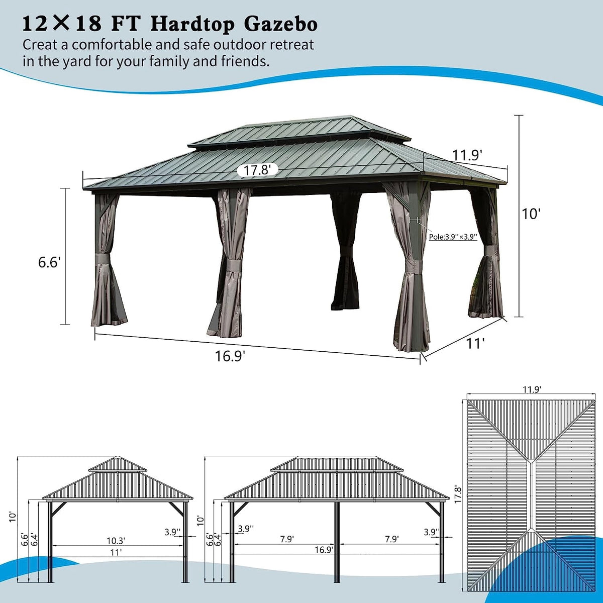 Domi Outdoor 12x18 ft Hardtop Gazebo Canopy Metal with Galvanized Steel Double Roof,Curtain & Netting for Patio Deck Backyard, Gray