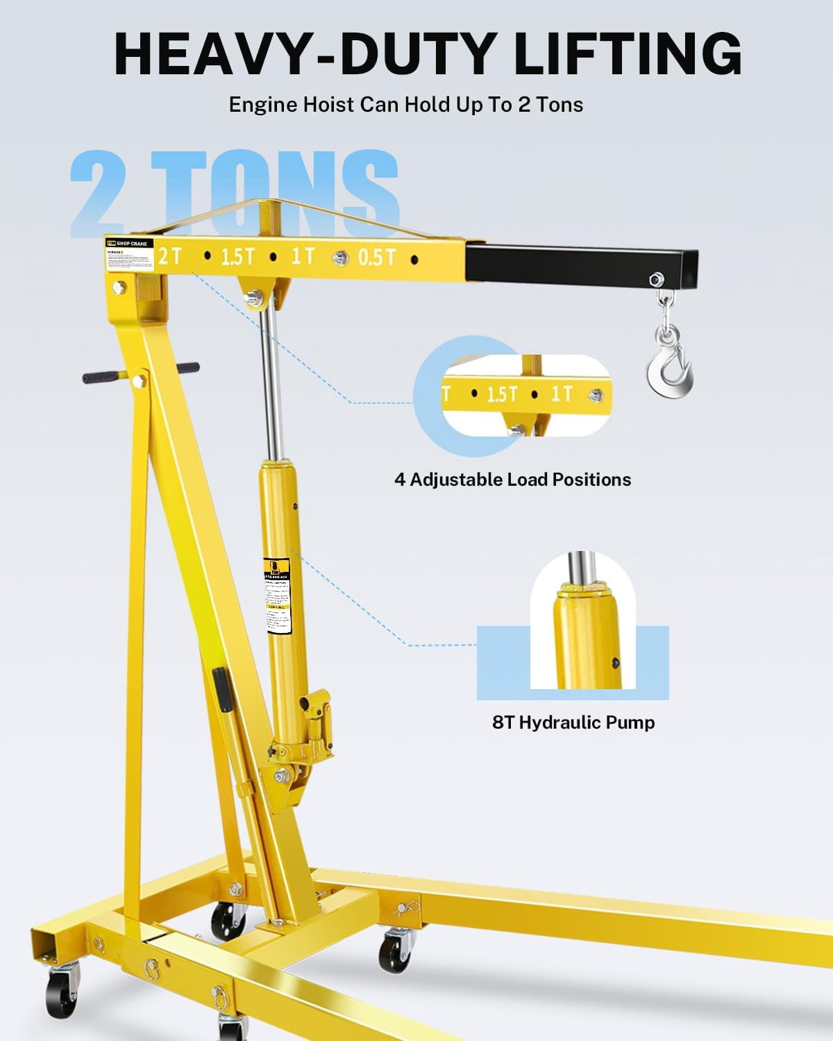 Kojooin 2-Ton/4400 lb Folding Hydraulic Engine Hoist, Shop Crane with 6 Casters and Telescopic Boom