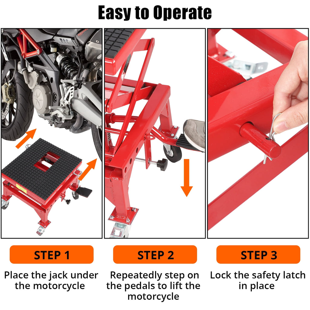 BeesClover 350 lb Hydraulic Motorcycle Scissor Lift Table, Wide Deck, J-Hooks, 4 Wheels and Foot Pedal