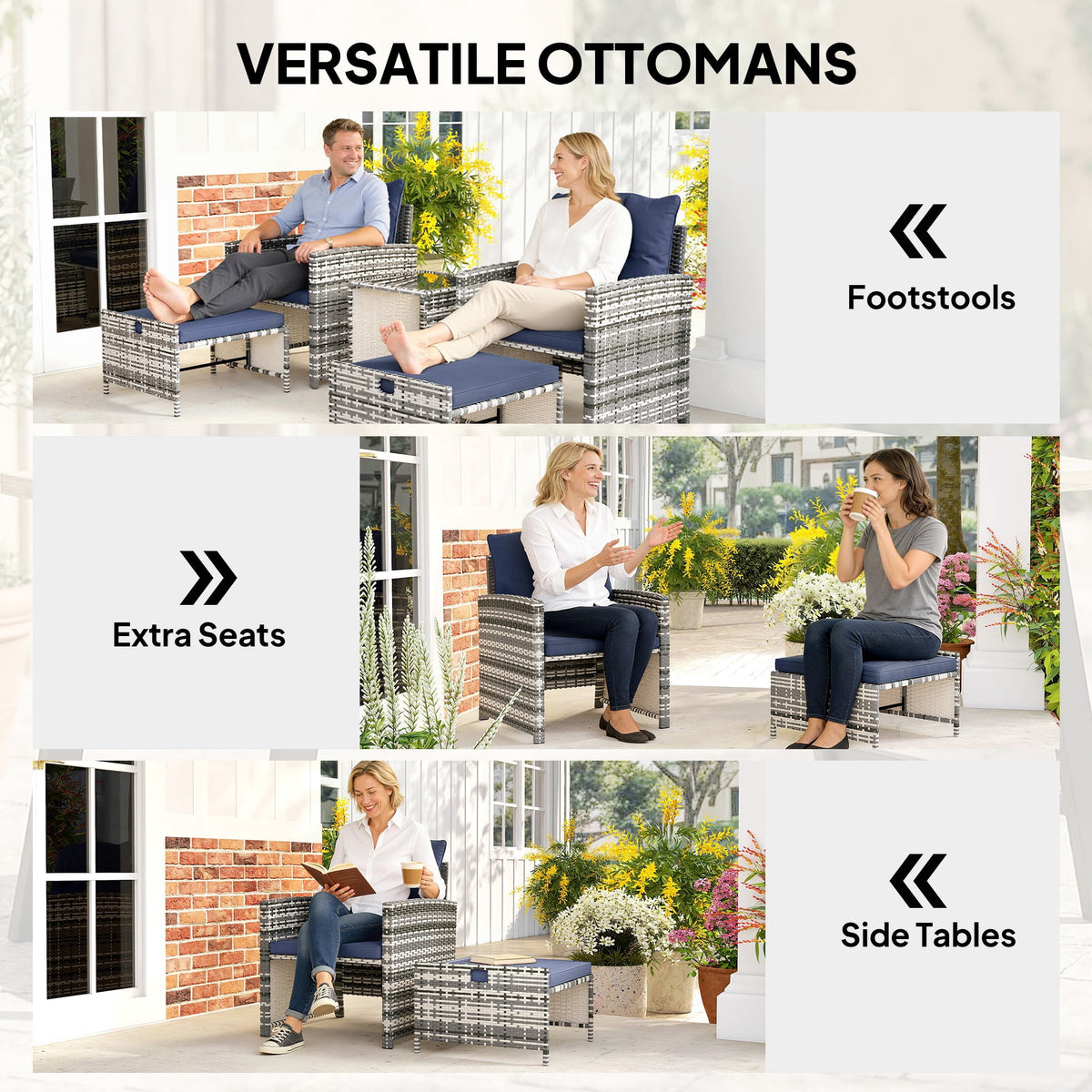 Outsunny 5 Piece Patio Furniture Set with Ottomans Cushions, Grey/Dark Blue