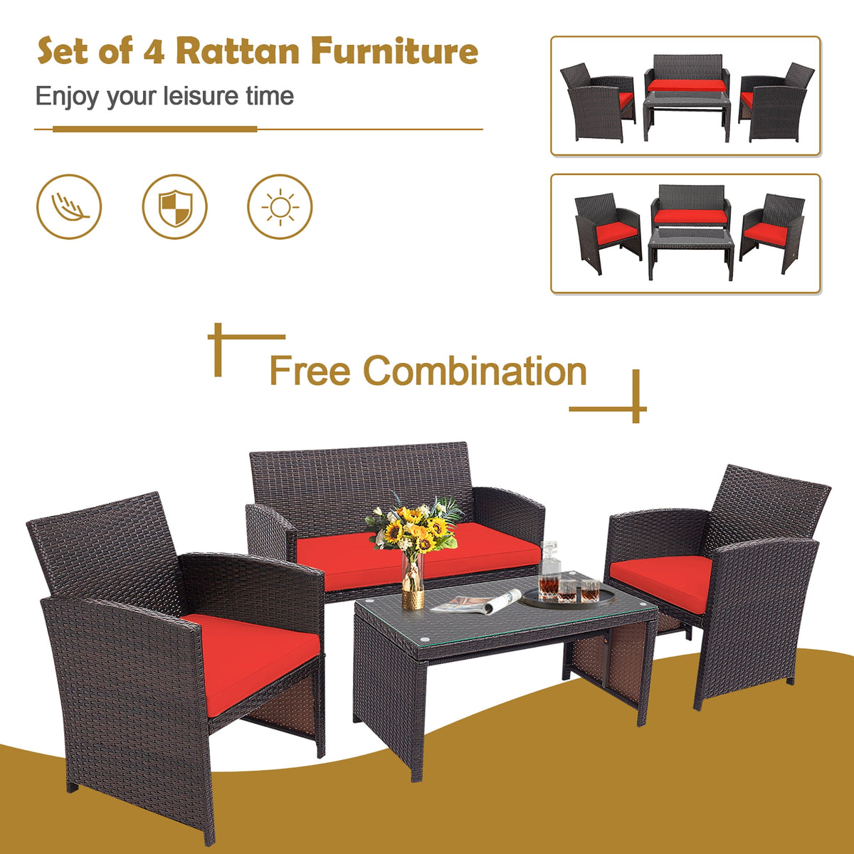 Costway 4PCS Patio Rattan Furniture Set Cushioned Chair Sofa Coffee Table Red