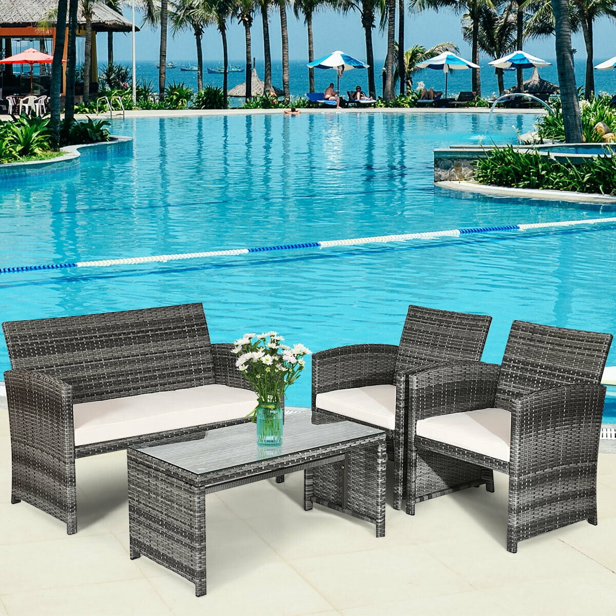 Costway 4pcs Rattan Wicker Patio Furniture Set Garden Lawn Sofa Cushioned Seat Mix