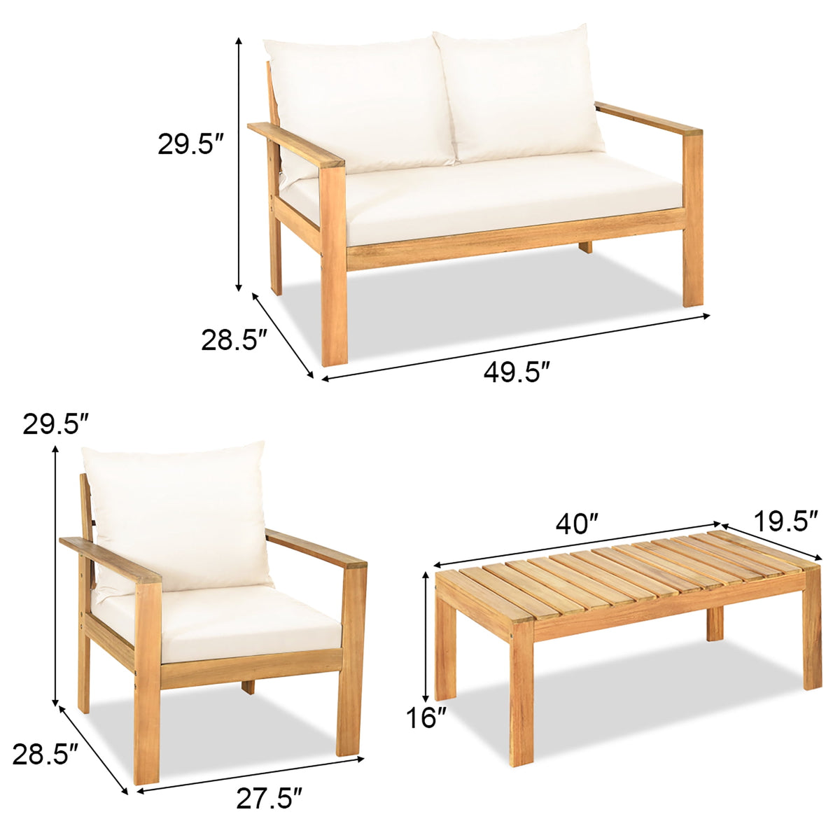 Costway 4PCS Patio Furniture Set Acacia Wood Thick Cushion Loveseat Sofa Off White