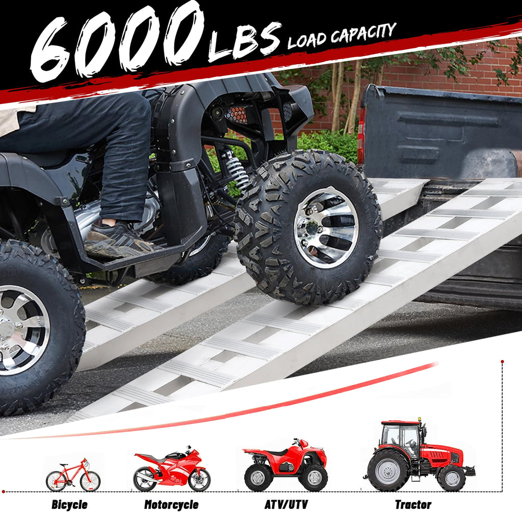 Heavy-Duty Aluminum Loading Ramps, 2-Pack, 72x15 Inches, 6000 lb Capacity, 2.5mm Beam, Knife and Hook Ends