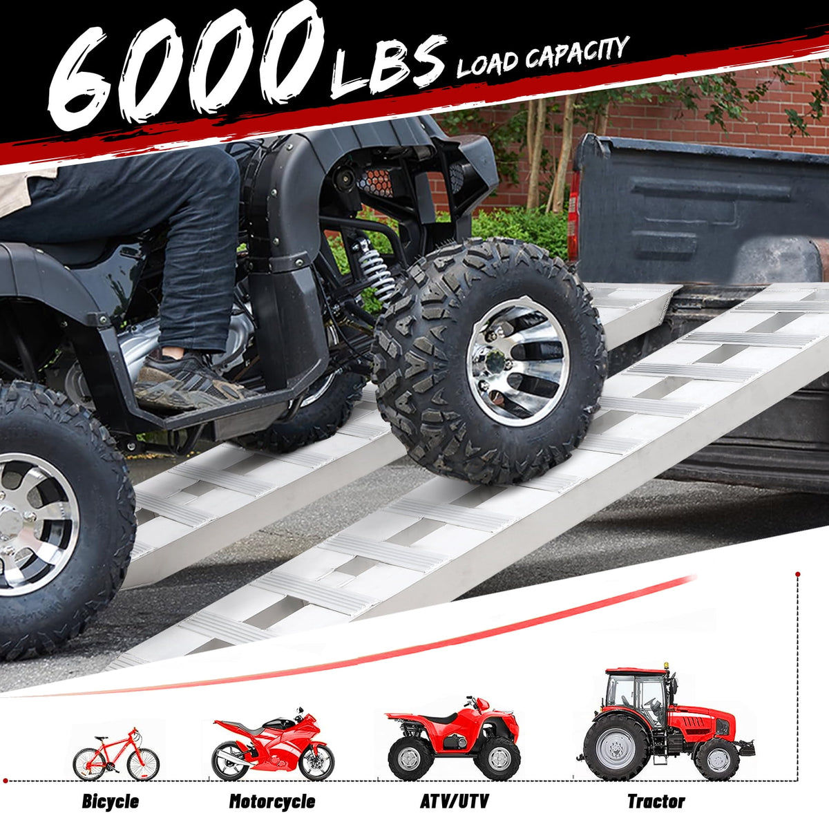 Heavy-Duty Aluminum Loading Ramps, 2-Pack, 72x15 Inches, 6000 lb Capacity, 2.5mm Beam, Knife and Hook Ends