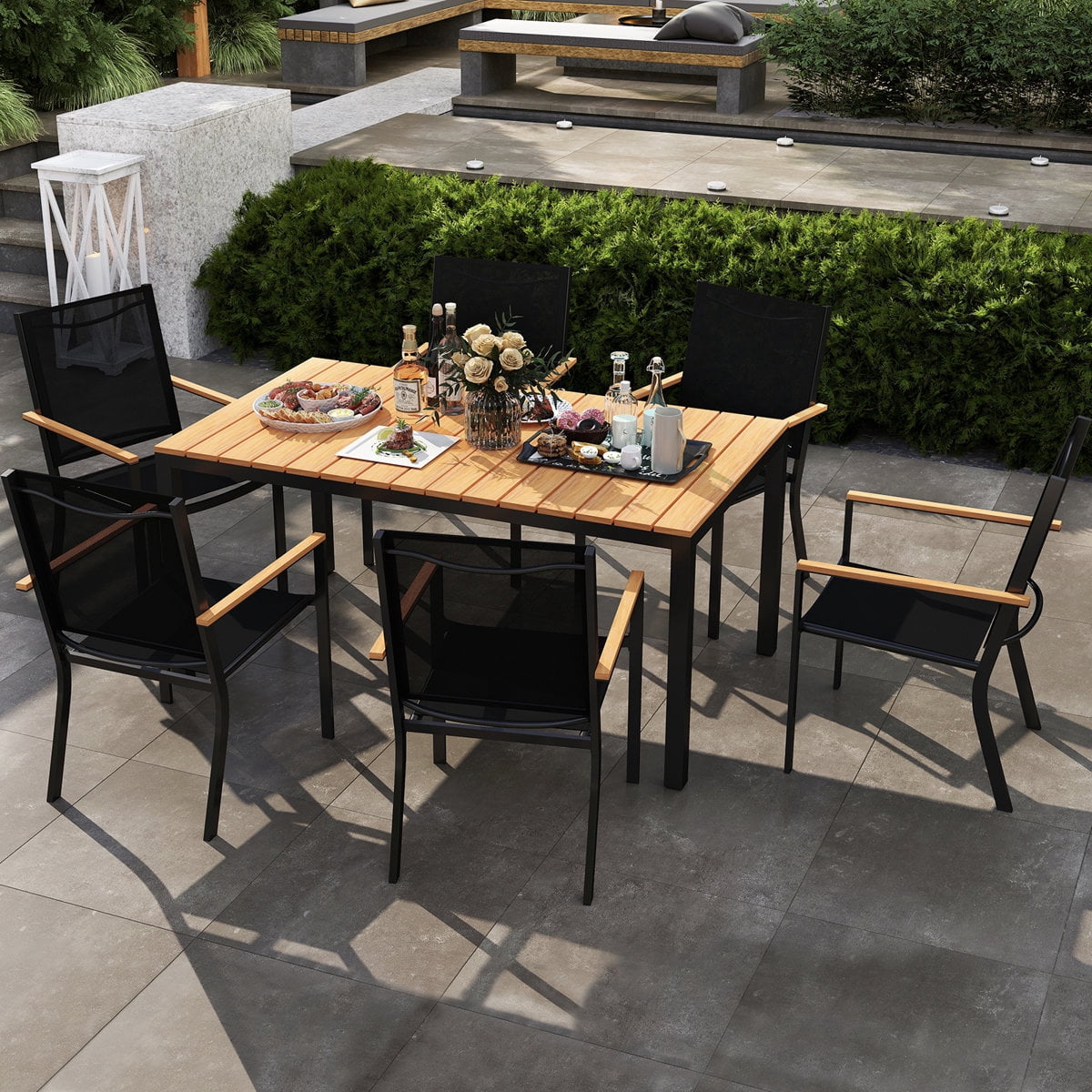 Abba Patio 7 PCS Outdoor Dining Set w/ All-Weather Aluminum Table & Wicker Chairs for Patio, Backyard