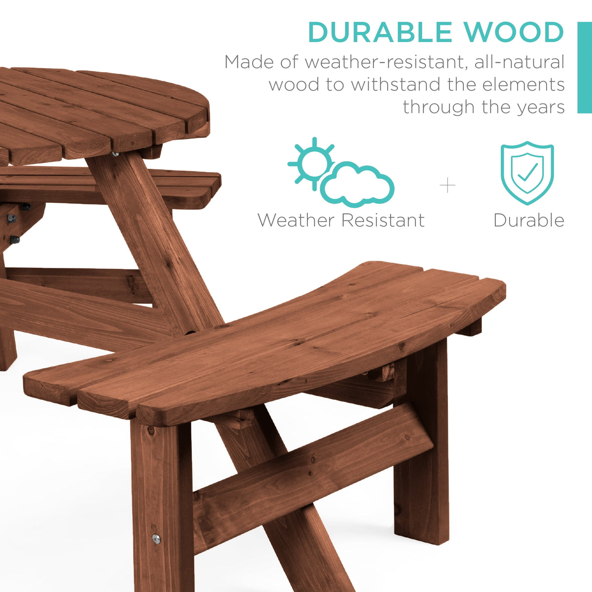 Best Choice Products 6-Person Circular Outdoor Wooden Picnic Table with 3 Built-in Benches, 500lb Capacity, Walnut Brown