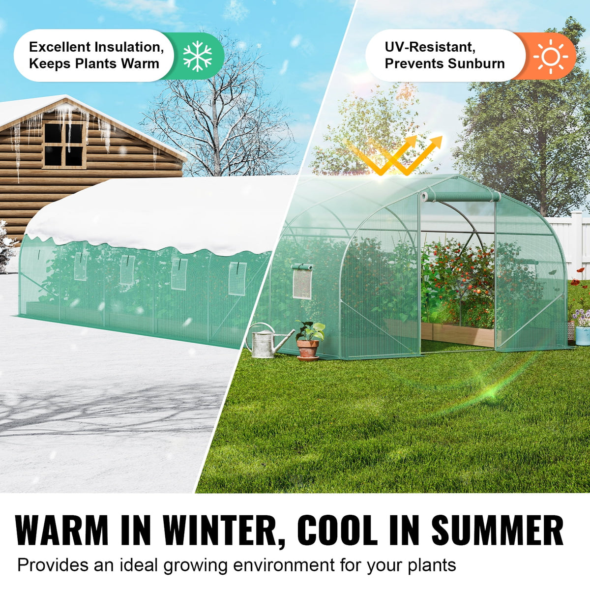 KFFKFF Tunnel Greenhouse, 29.5x9.8x6.6 ft, Peaked Roof, Green PE Fabric, Steel Frame, Roll-up Door, 12 Ventilation Windows, for Garden