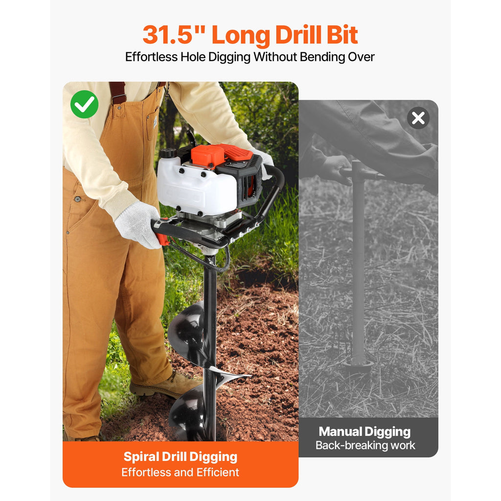 KFFKFF 52cc 1450W Gas Post Hole Digger, 6-Inch and 10-Inch Auger Bits, 3 Extension Rods, EPA Listed