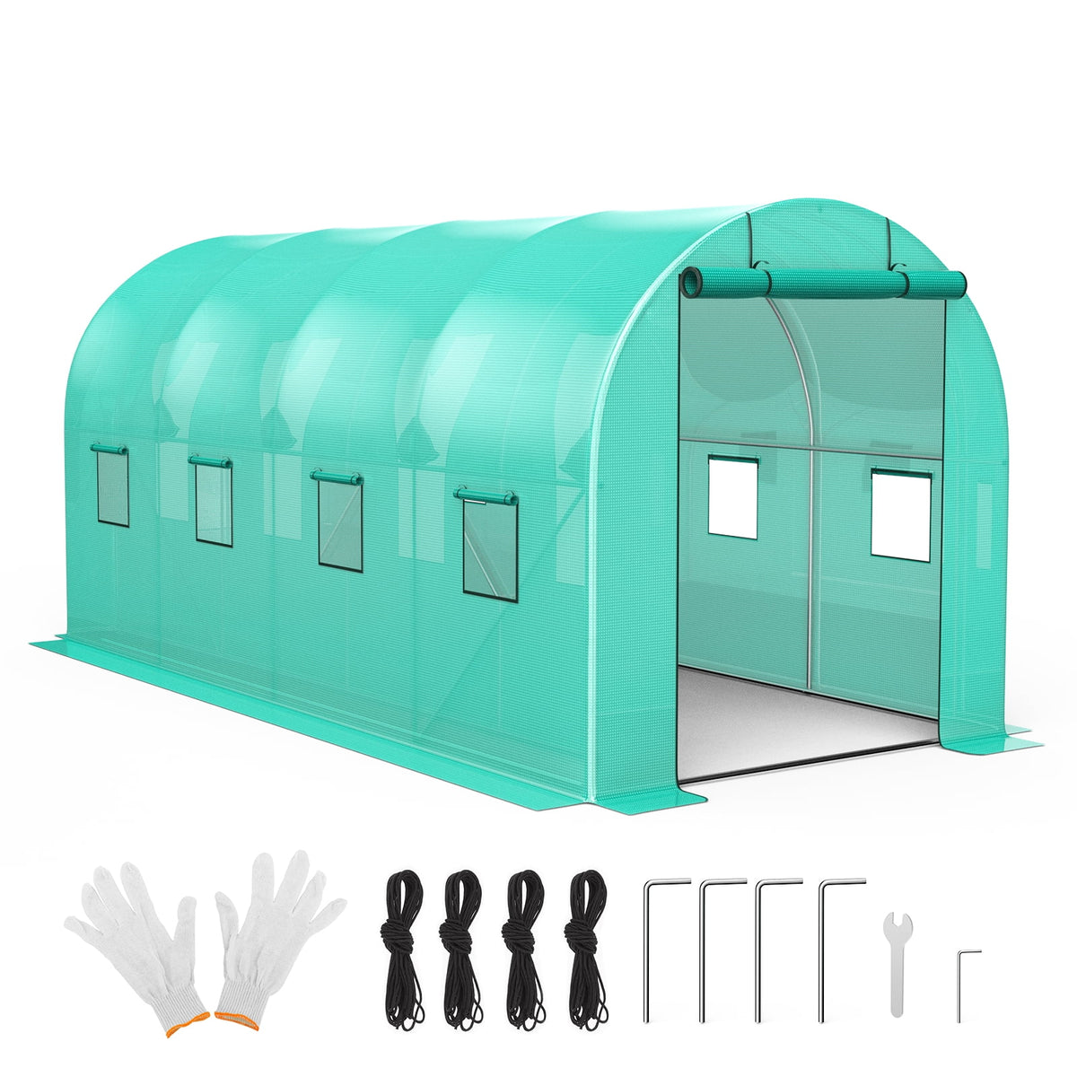 15x7x7 Ft Walk-In Tunnel Greenhouse, Galvanized Steel Frame, Green PE Cover, Zipper Door and 8 Mesh Windows