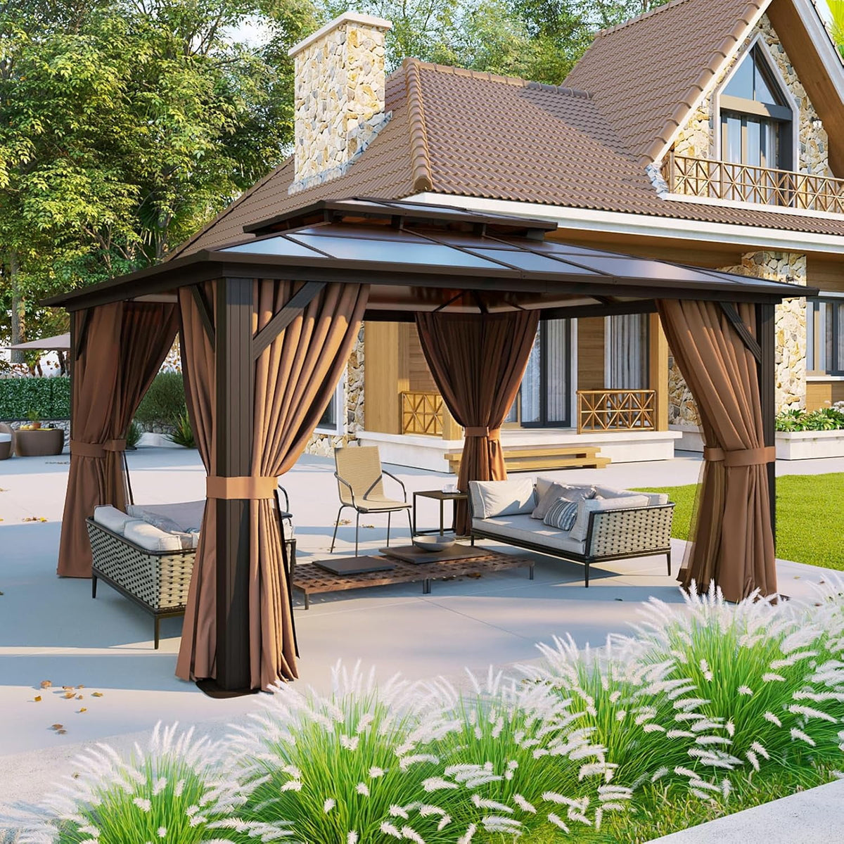 Aoxun 10 ft. x 12 ft. Hardtop Gazebo, Double Polycarbonate Roof Aluminum Frame Gazebo W/Curtain and Netting, Brown