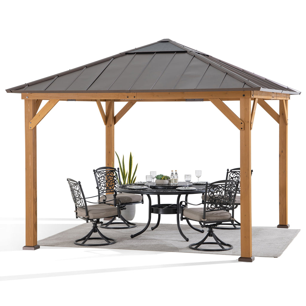 Sunjoy 11 ft. x 11 ft. Cedar Framed Gazebo with Brown Steel and Polycarbonate Hip Roof Hard Top
