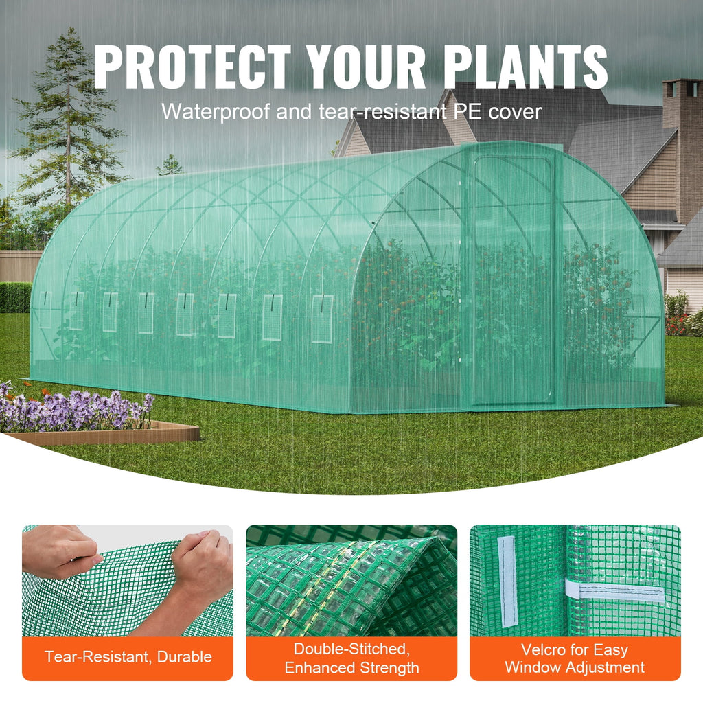 KFFKFF 27.4x9.5x7.4 Ft Tunnel Greenhouse, Galvanized Steel Frame, Green PE Cover, Swing Door and 16 Roll-Up Windows