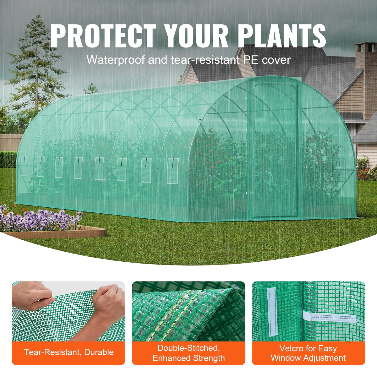 KFFKFF 27.4x9.5x7.4 Ft Tunnel Greenhouse, Galvanized Steel Frame, Green PE Cover, Swing Door and 16 Roll-Up Windows