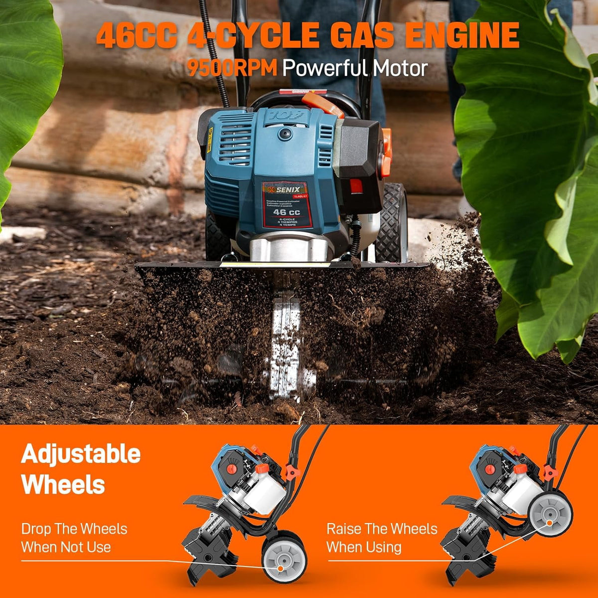 SENIX TL4QL-L1 10" 43cc 4-Cycle Gas Powered Front-Tine Walk Behind Tiller, 6 Forward Rotating Tines