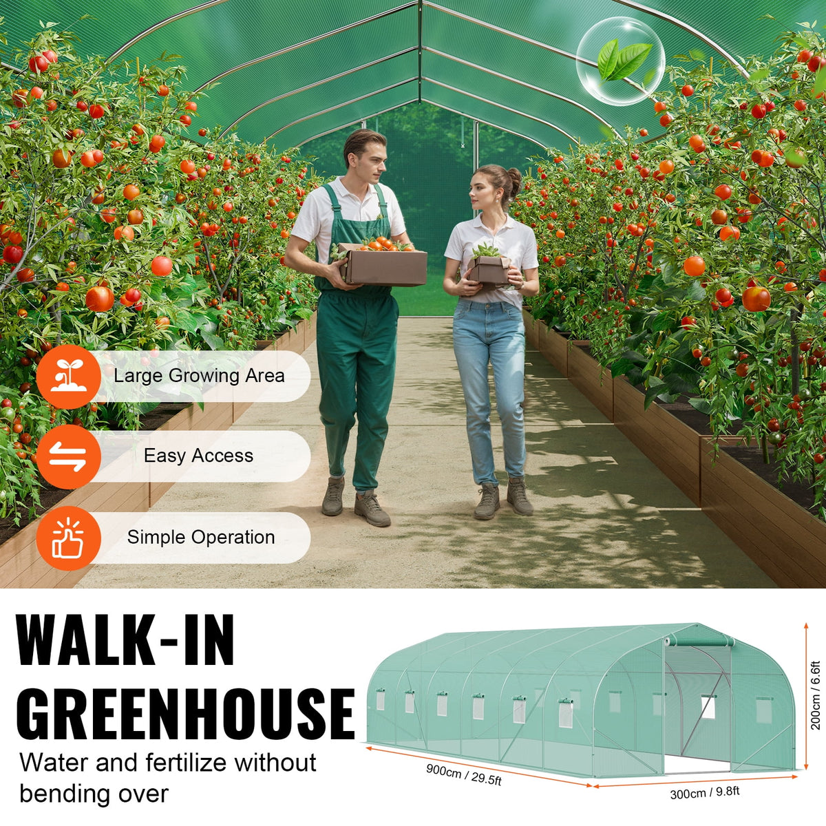 KFFKFF Tunnel Greenhouse, 29.5x9.8x6.6 ft, Peaked Roof, Green PE Fabric, Steel Frame, Roll-up Door, 12 Ventilation Windows, for Garden