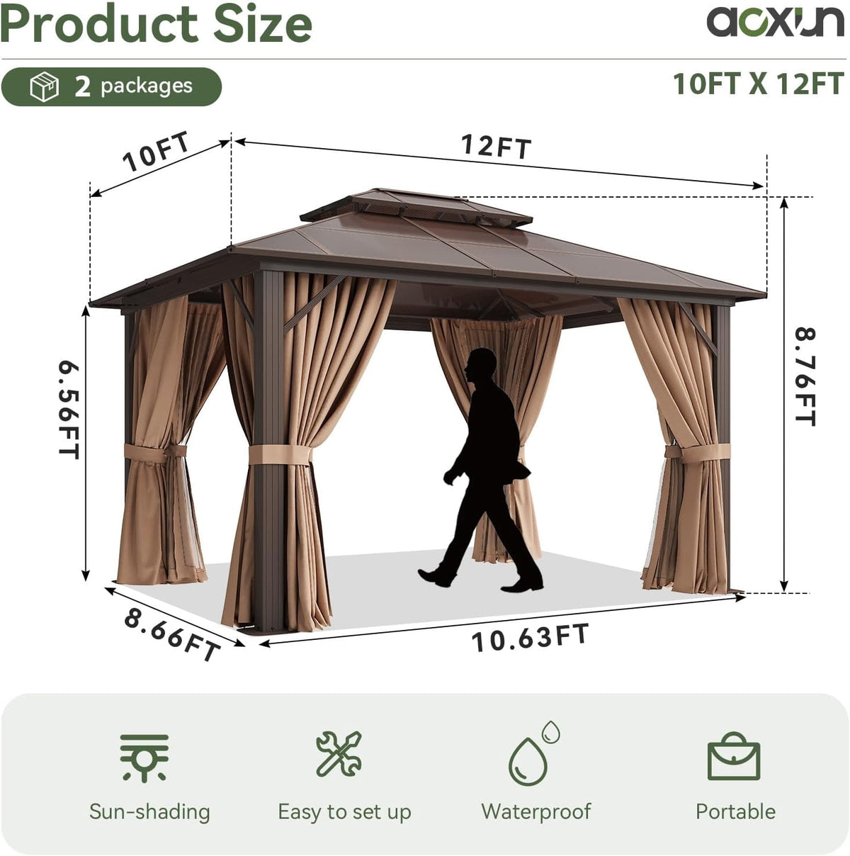 Aoxun 10 ft. x 12 ft. Hardtop Gazebo, Double Polycarbonate Roof Aluminum Frame Gazebo W/Curtain and Netting, Brown