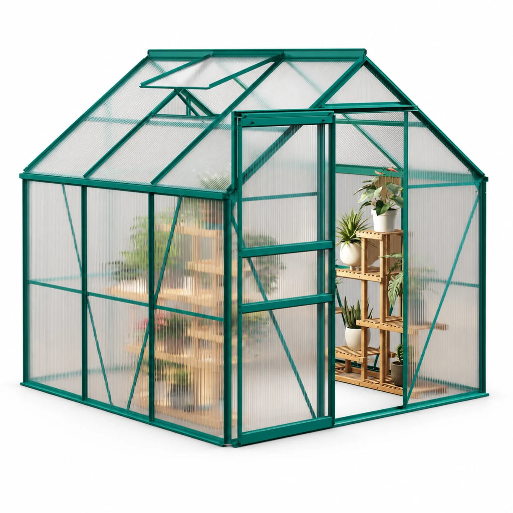 Polycarbonate Greenhouse with Roof Vent, Ground Nails, Lockable Push Door, Aluminum Large Walk-in Green House for Outside Garden