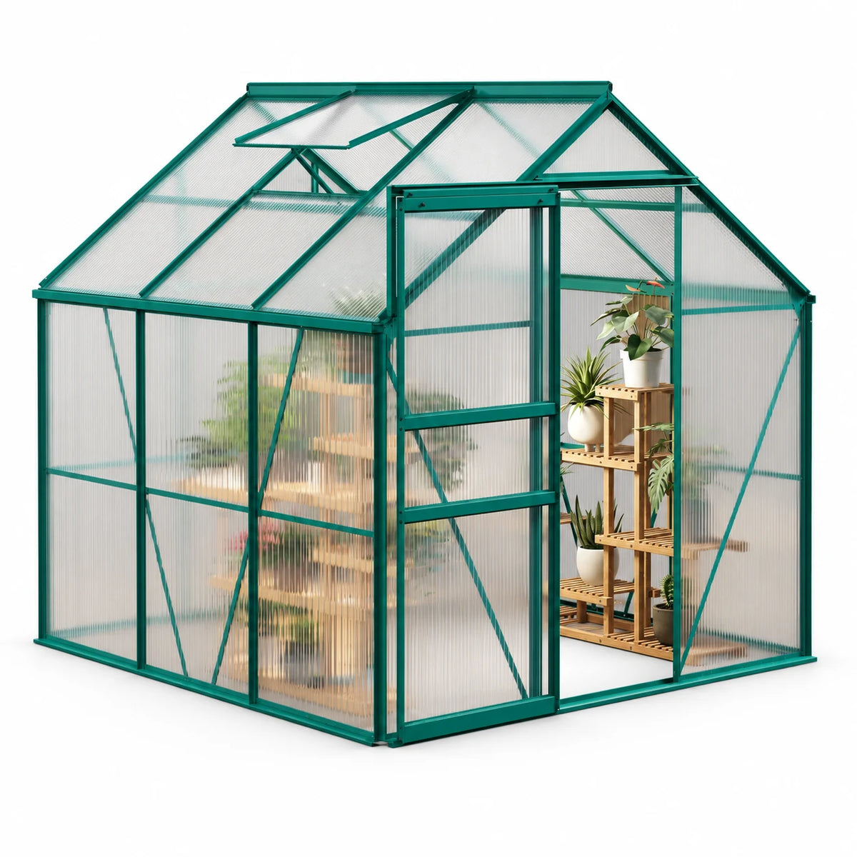 Polycarbonate Greenhouse with Roof Vent, Ground Nails, Lockable Push Door, Aluminum Large Walk-in Green House for Outside Garden