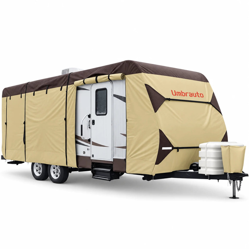 Umbrauto 18-20 Ft Travel Trailer RV Cover, 8-Layer Top, Waterproof and Windproof, with Jack and Gutter Covers