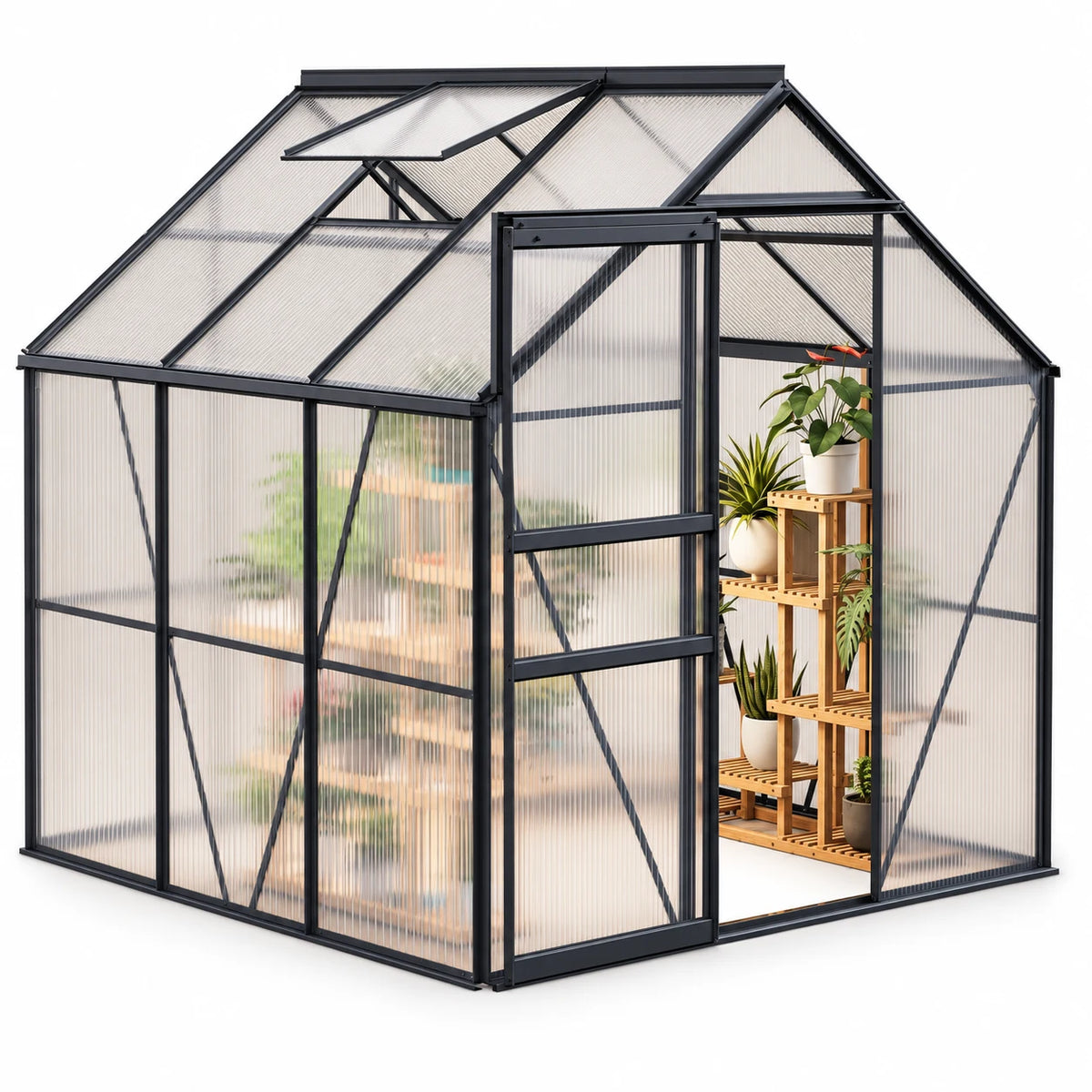 6x6 Ft Walk-In Polycarbonate Greenhouse, Aluminum Frame, Sliding Door, Adjustable Roof Vent and Rain Gutter
