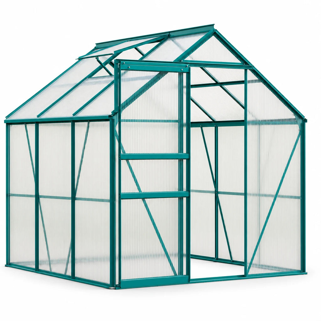 6x6 Ft Walk-In Polycarbonate Greenhouse, Aluminum Frame, Adjustable Roof Vent and Lockable Door