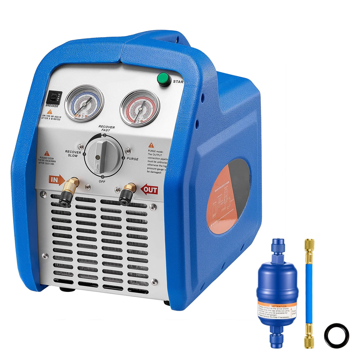 KFFKFF 1 HP Dual-Cylinder Refrigerant Recovery Machine, 120V 60Hz, 1750 RPM, for Liquid and Vapor AC Refrigerants
