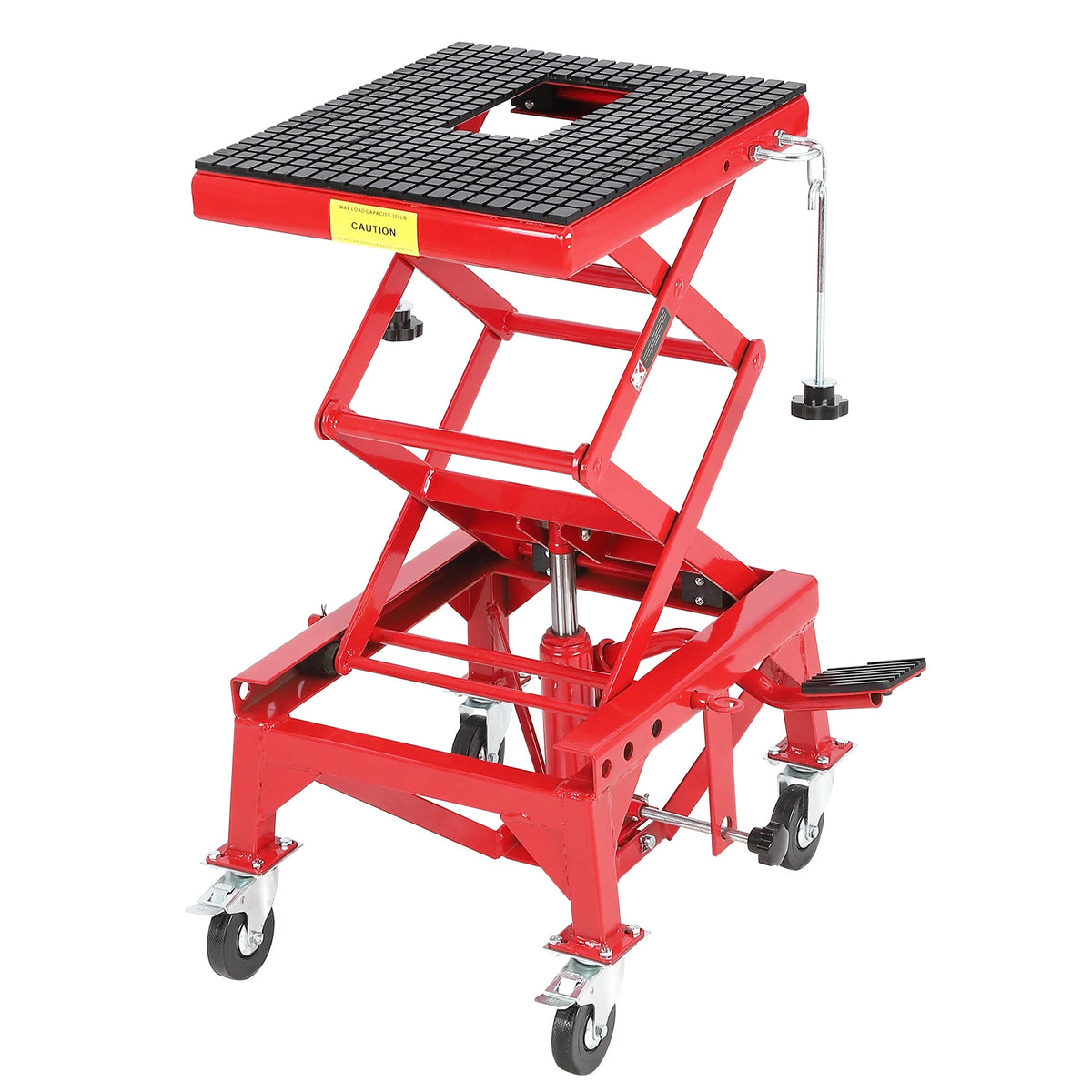 BeesClover 350 lb Hydraulic Motorcycle Scissor Lift Table, Wide Deck, J-Hooks, 4 Wheels and Foot Pedal