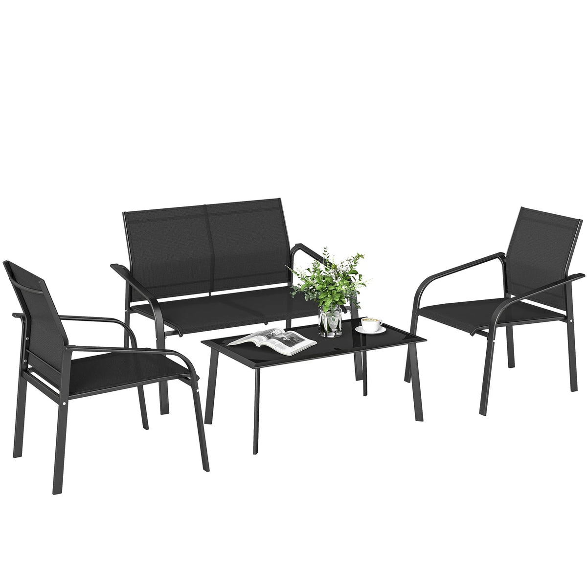 Outsunny 4 Piece Patio Furniture Set, Deep Outdoor Conversation Set, Black