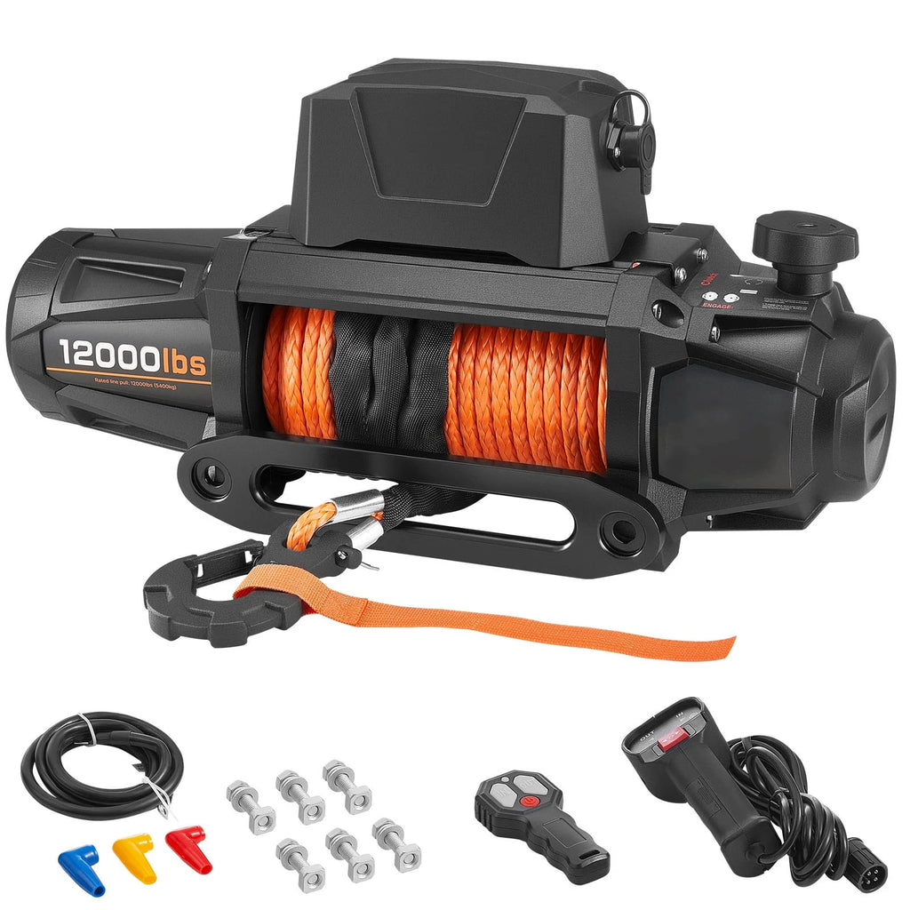 KFFKFF Electric Winch, 12000 lbs Load Capacity, 12V DC Truck Winch with Φ3/8 in x 92 ft Synthetic Rope, Wireless & Wired Remote Control