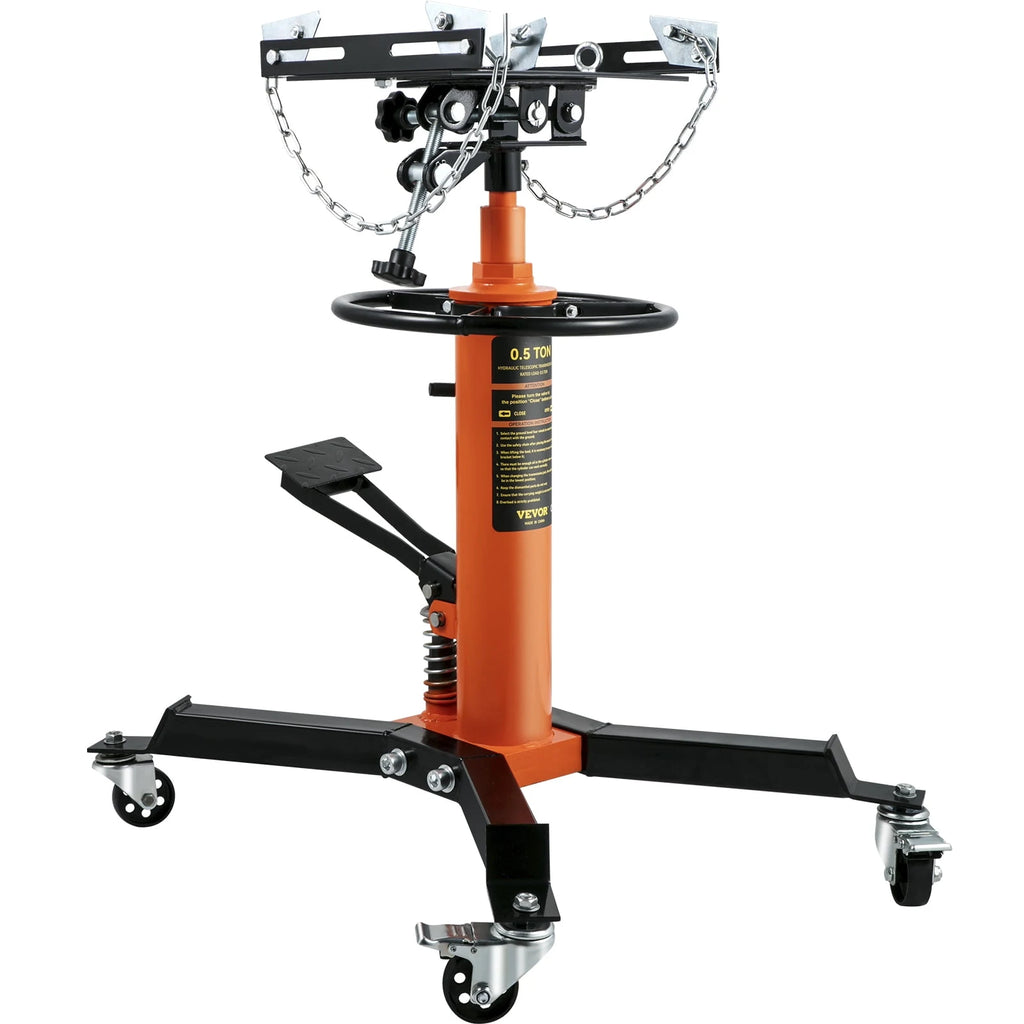 VEVOR 1/2-Ton/1100 lb 2-Stage Hydraulic Transmission Jack, Foot Pedal and 360-Degree Swivel Wheels, Orange