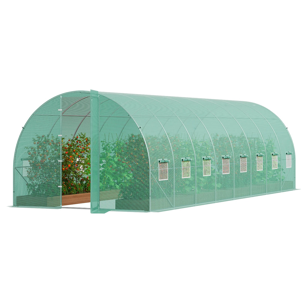 KFFKFF 27.4x9.5x7.4 Ft Tunnel Greenhouse, Galvanized Steel Frame, Green PE Cover, Swing Door and 16 Roll-Up Windows
