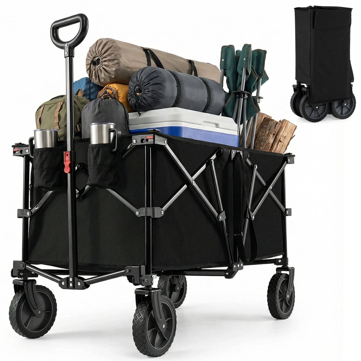 Gymax 38'' Collapsible Wagon Cart w/All-Terrain Wheels 2 Cup Holders Adjustable Handle