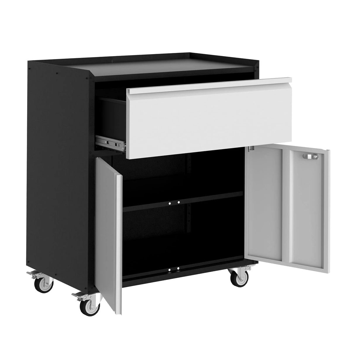36-Inch Lockable Rolling Tool Cabinet, Metal Storage Chest with Drawer and Adjustable Shelves, Black/Gray