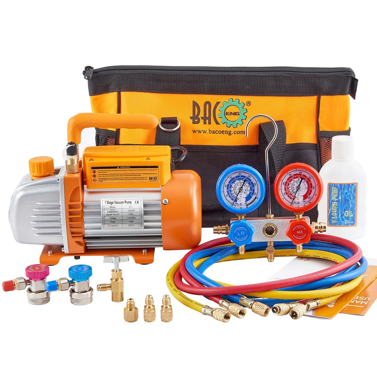 BACOENG 3.6 CFM 1/4 HP AC Vacuum Pump and Manifold Gauge Set, R134a/R12/R22, Can Tap, Quick Couplers and Bag