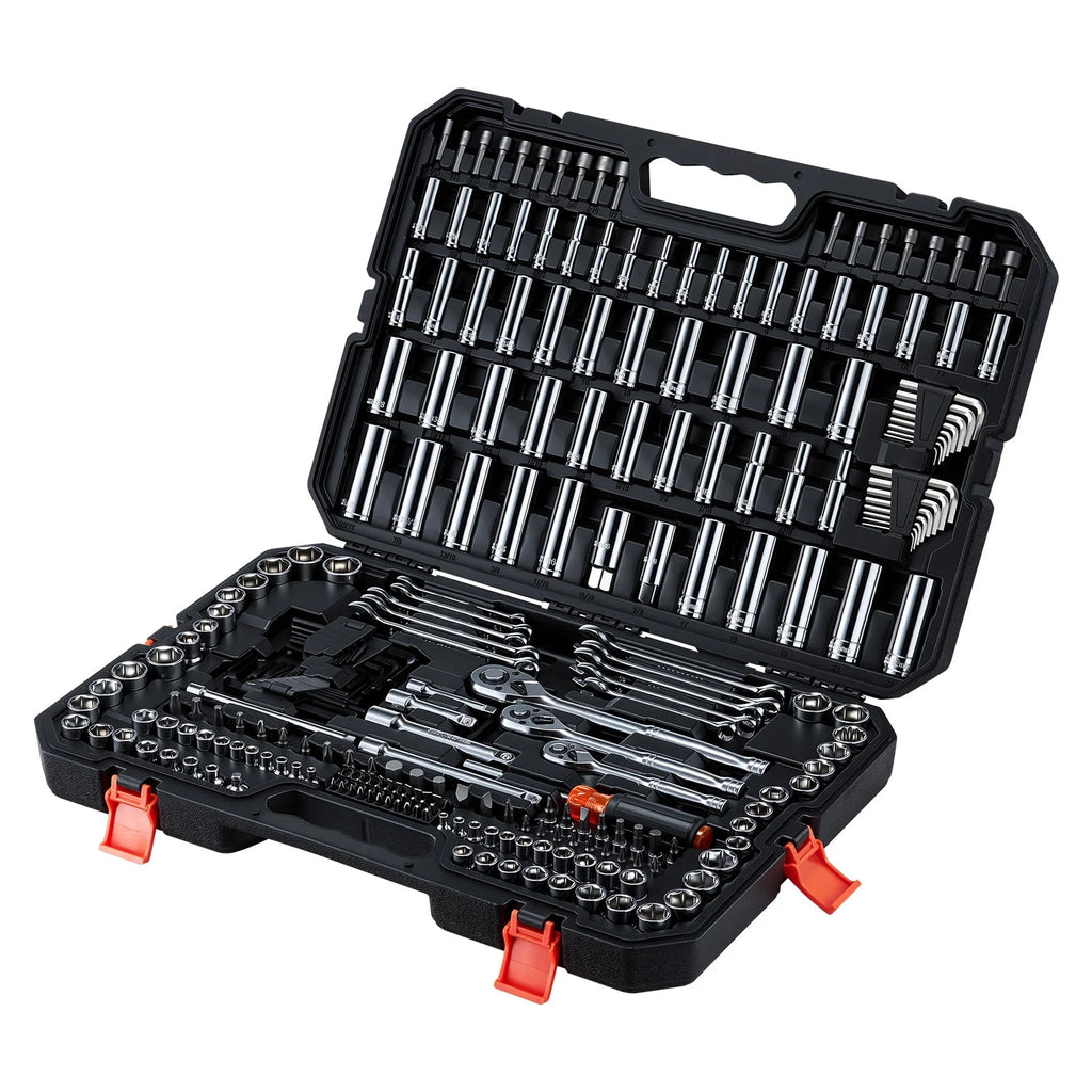 KFFKFF 253-Piece SAE/Metric Mechanics Tool Set, 1/4, 3/8 and 1/2 Inch Drive, Sockets, Wrenches, Bits and Case