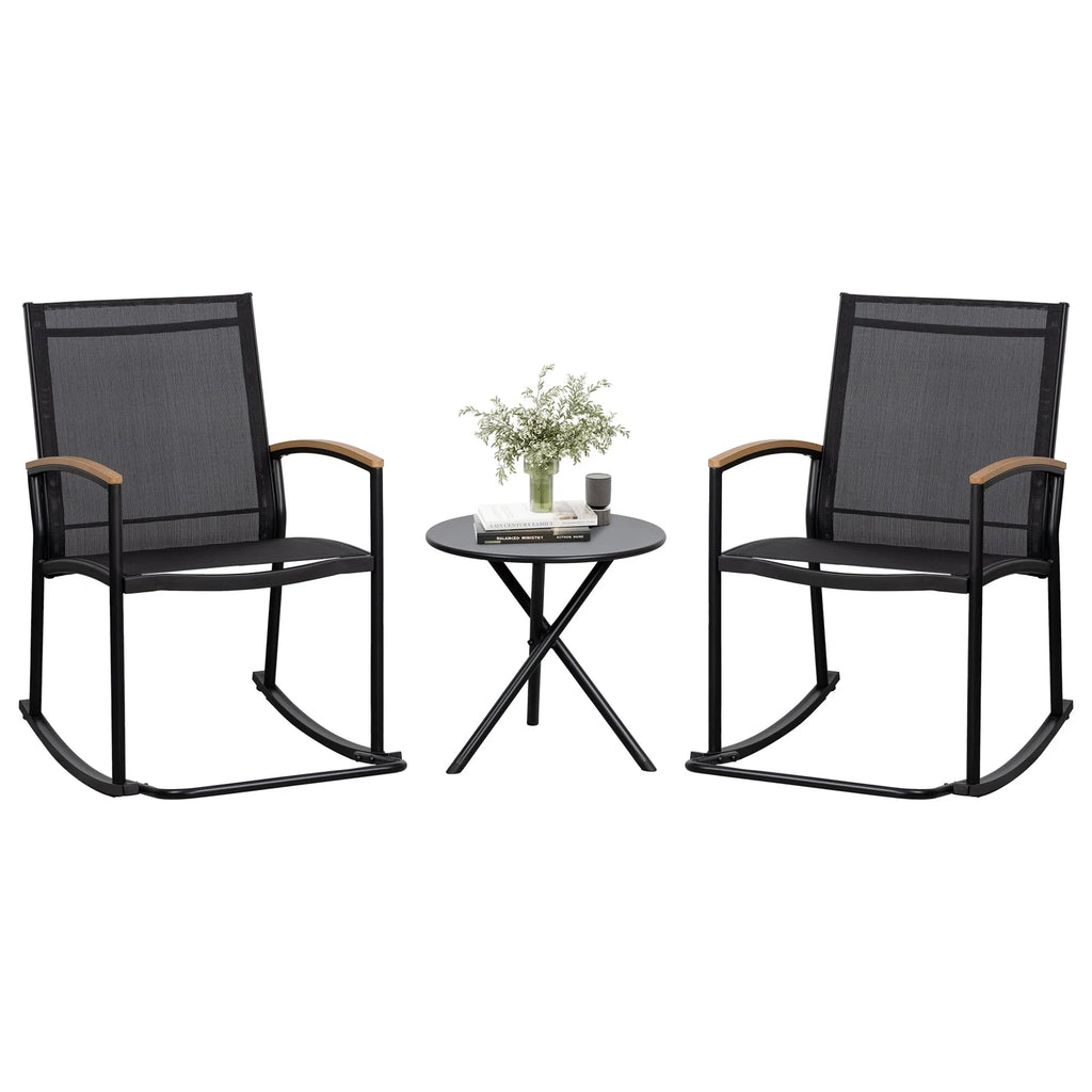 3-Piece Patio Bistro Sets, Outdoor Breathable Rocking Chairs & Black Furniture Conversation Set-Two Chairs with Coffee Table Black