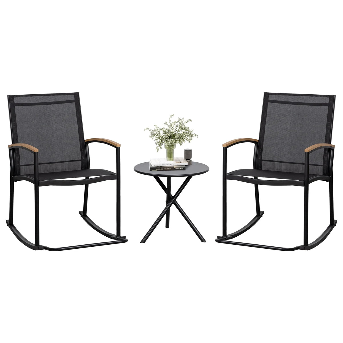 3-Piece Patio Bistro Sets, Outdoor Breathable Rocking Chairs & Black Furniture Conversation Set-Two Chairs with Coffee Table Black