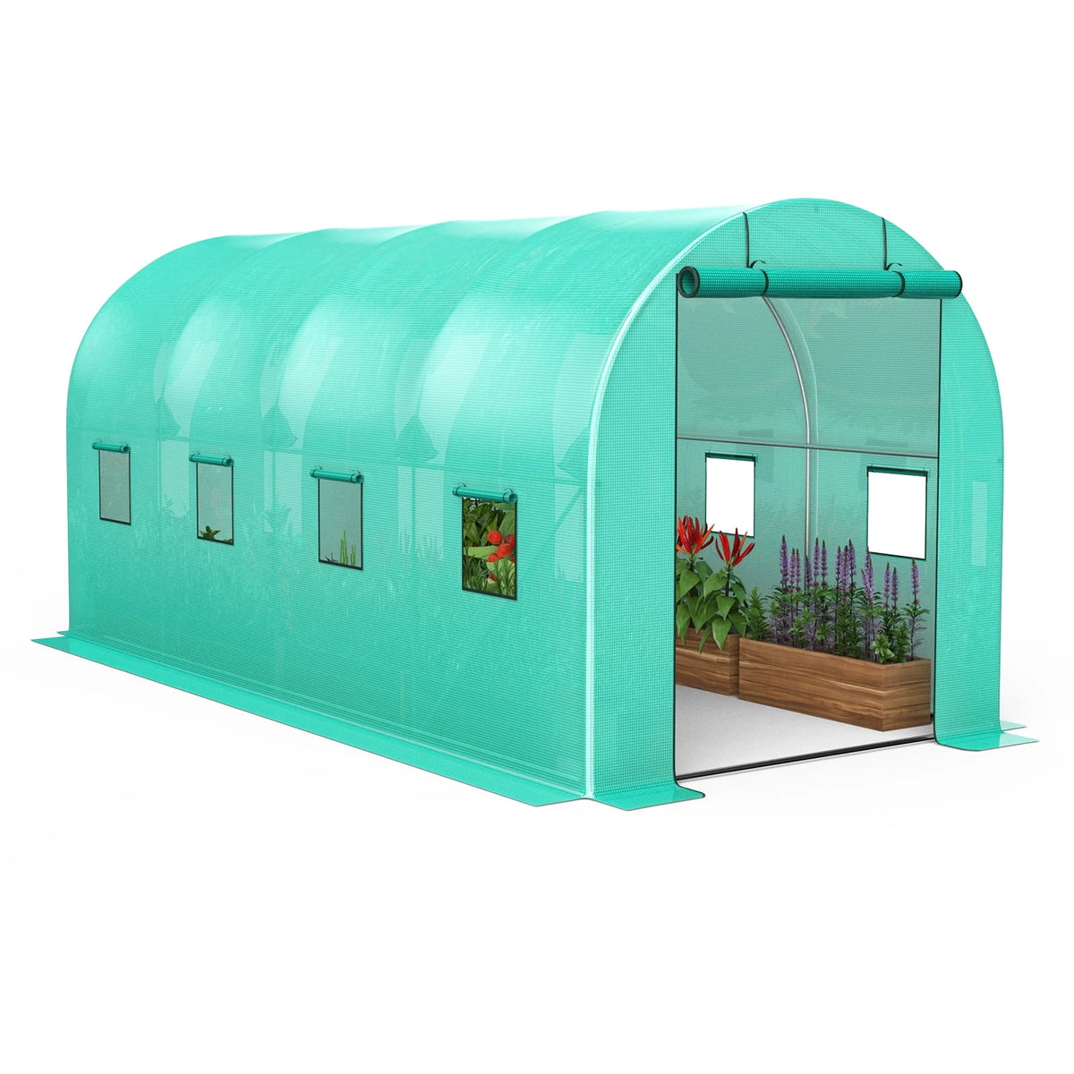 15x7x7 Ft Walk-In Tunnel Greenhouse, Galvanized Steel Frame, Green PE Cover, Zipper Door and 8 Mesh Windows