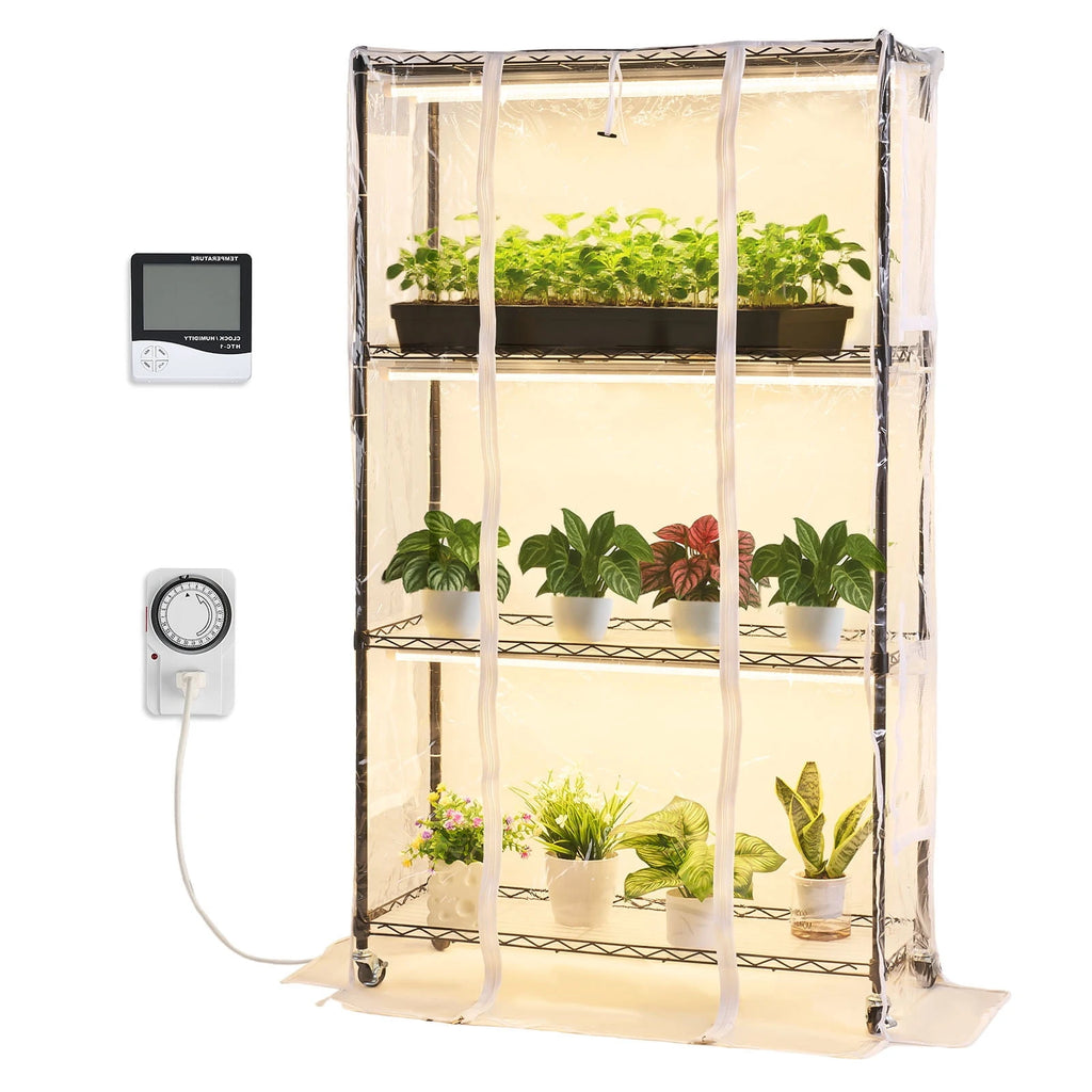 KFFKFF Indoor Greenhouse with Grow Light, 59 in Tall 4-Tier Plant Stand with Clear Cover, Timer & Hygrometer, 180W Full Spectrum Grow Lights