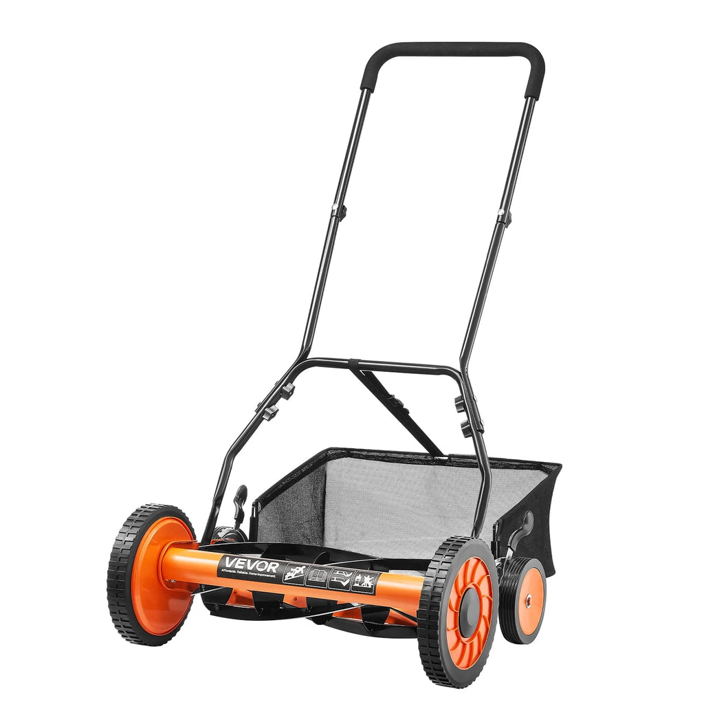 VEVOR 18" Manual Push Reel Lawn Mower 5-Blade Adjustable Height Grass Catcher 4 Wheels