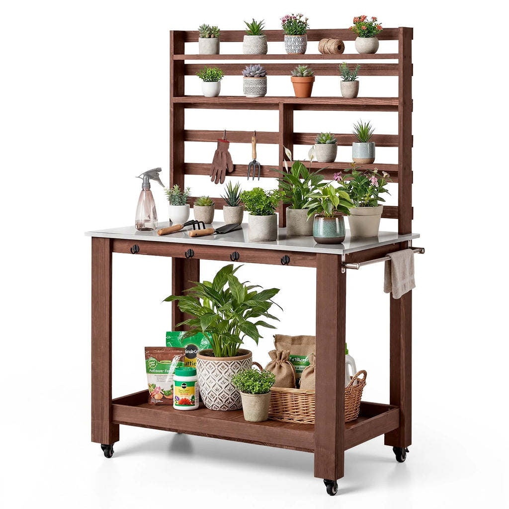 VEVOR Potting Bench, 45x26 Inch Stainless Steel Top, Storage Shelves, Hooks and 4 Casters, Brown