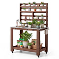 VEVOR Potting Bench, 45x26 Inch Stainless Steel Top, Storage Shelves, Hooks and 4 Casters, Brown