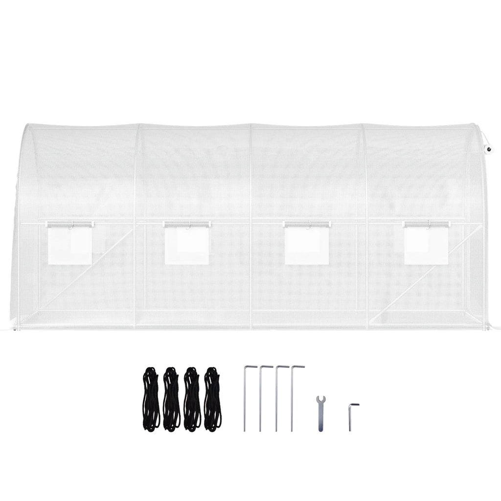 KFFKFF 15x6.5x7 Ft Walk-In Tunnel Greenhouse, Galvanized Steel Frame, Zipper Door and 8 Roll-Up Windows, White