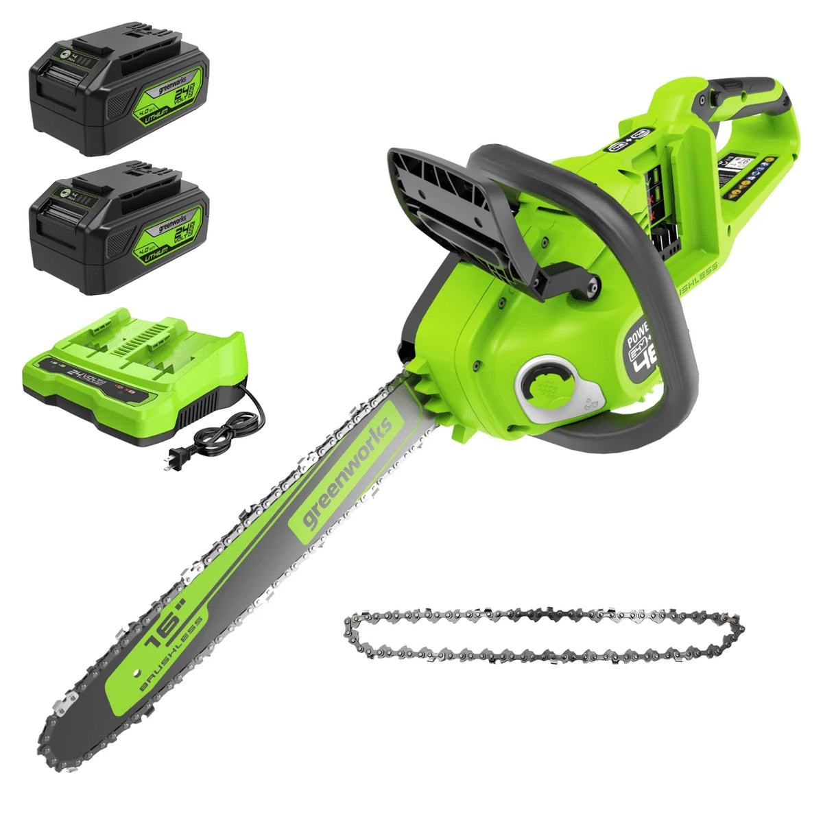 Greenworks 48V (2 x 24V) 16" Brushless Cordless Chainsaw with extra chain, (2) 4.0Ah USB Batteries (USB Hub) and Dual Port Rapid Charger Included