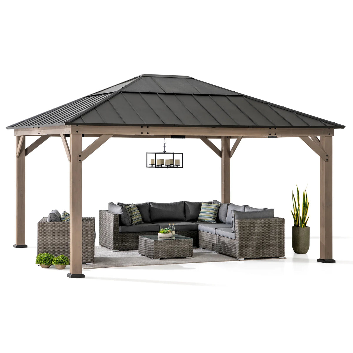 Sunjoy 13 ft. x 15 ft. Cedar Framed Gazebo with Brown Steel and Polycarbonate Hip Roof Hardtop