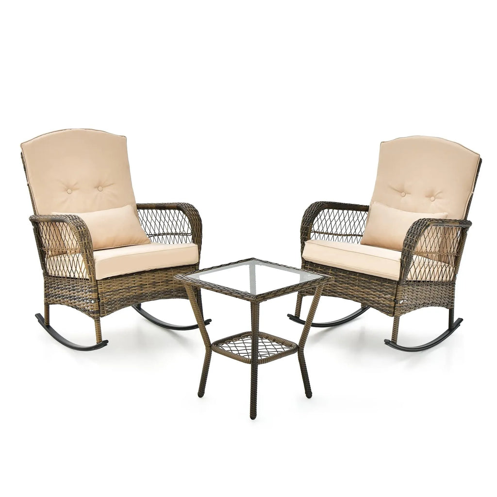 3-Piece Outdoor Wicker Rocking Chair Set, High-Back Chairs, Thick Cushions and 2-Tier Coffee Table, Dark Gray