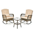3-Piece Outdoor Wicker Rocking Chair Set, High-Back Chairs, Thick Cushions and 2-Tier Coffee Table, Dark Gray
