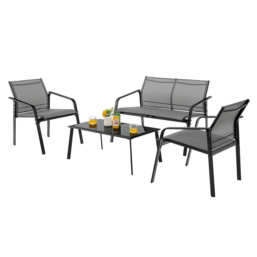 Costway 4 PCS Patio Furniture Set Loveseat Sofas Armrest Glass Table Deck Grey