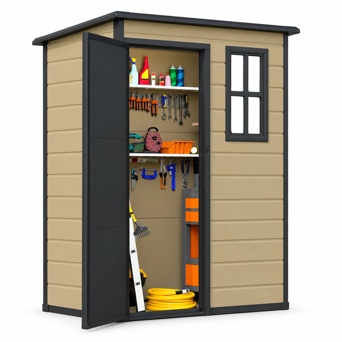 DEXTRUS 5x3ft Resin Outdoor Shed with Window & Lockable Outside, Weatherproof Garden Storage & Patio Furniture, Brown